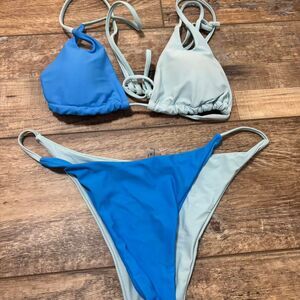 SHEIN Women's Vacation Blue Two Toned Tie Strappy String Beach Large Bikini Set